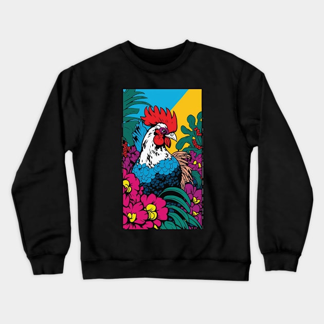 Chicken Rooster Vibrant Tropical Flower Tall Retro Vintage Digital Pop Art Portrait Crewneck Sweatshirt by ArtHouseFlunky